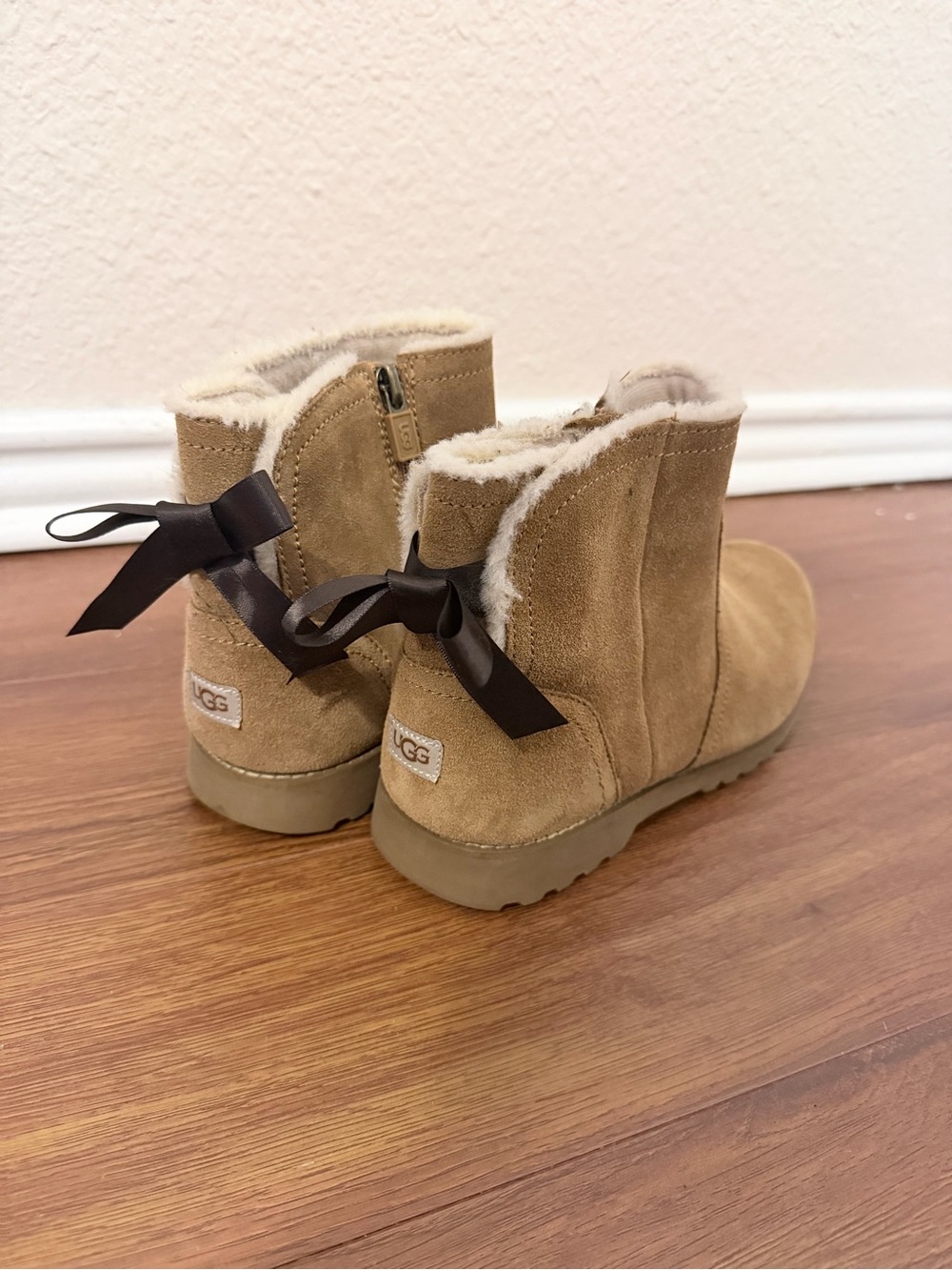 UGG Chestnut Cecily Suede Shearling Boots with Back Bow